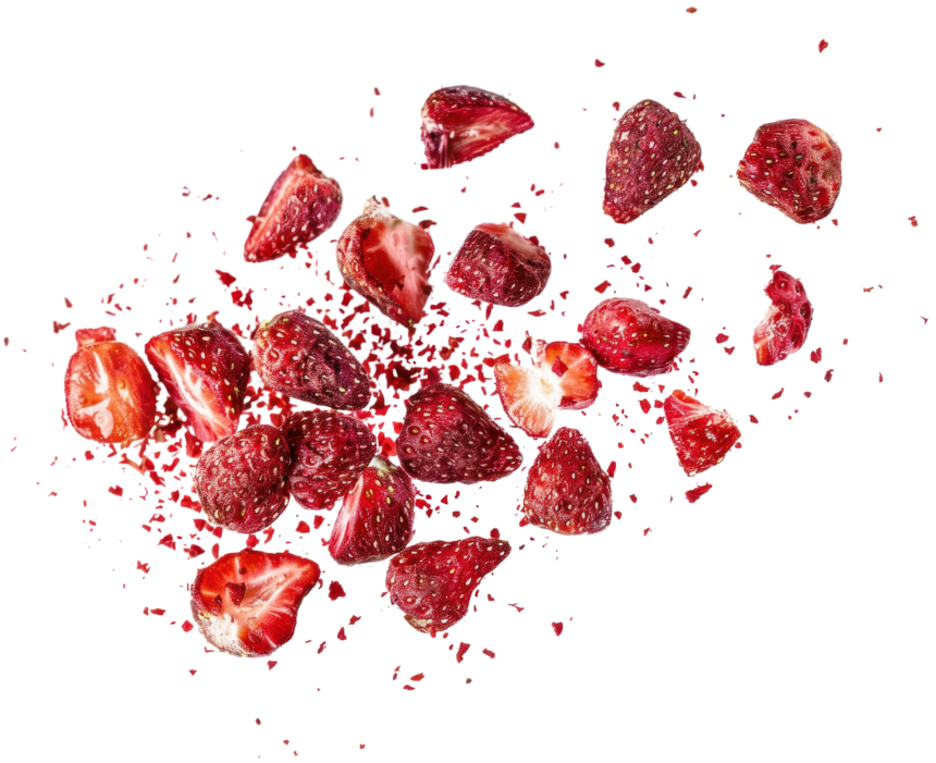 Scattered pieces of freeze-dried strawberries with visible seeds and varying sizes on a transparent background