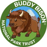 Illustration of a friendly bison with the text Buddy Bison National Park Trust around a green circular badge