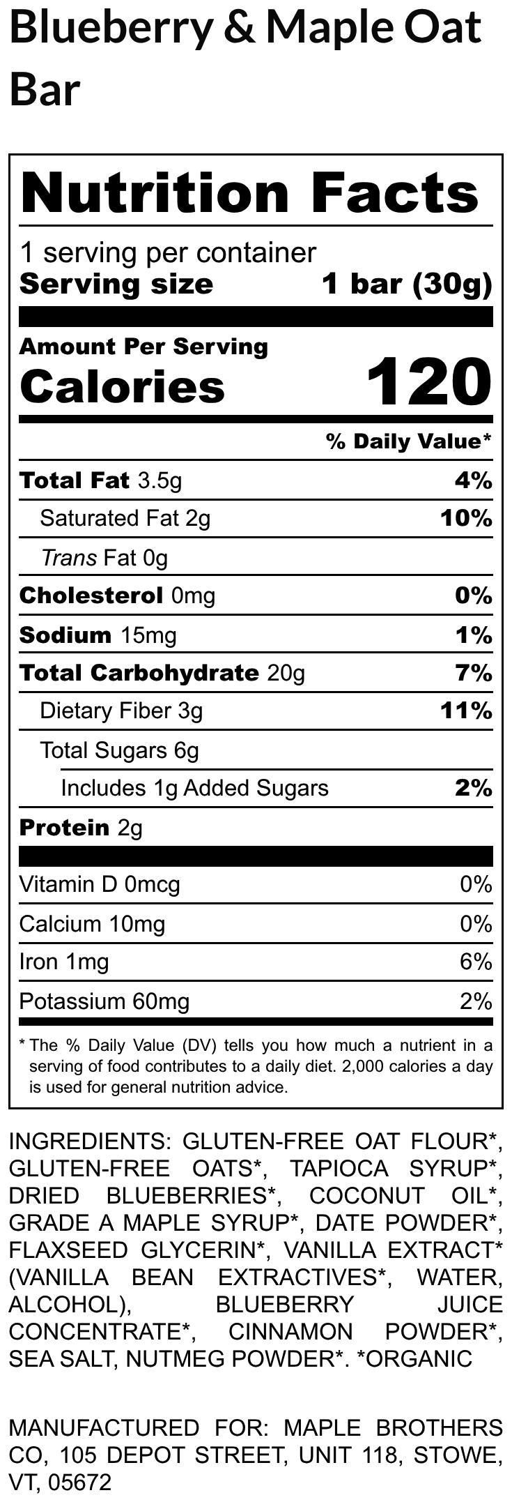 Nutrition facts label for a Blueberry & Maple Oat bar with serving size, calories, and ingredient list.