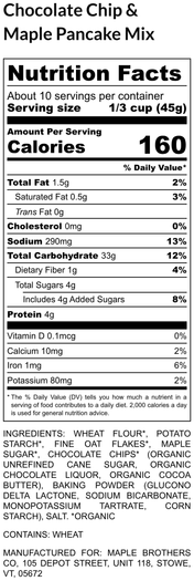 Nutrition facts label for Chocolate Chip & Maple Pancake Mix