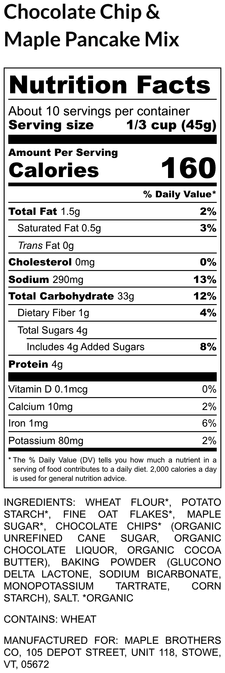 Nutrition facts label for Chocolate Chip & Maple Pancake Mix
