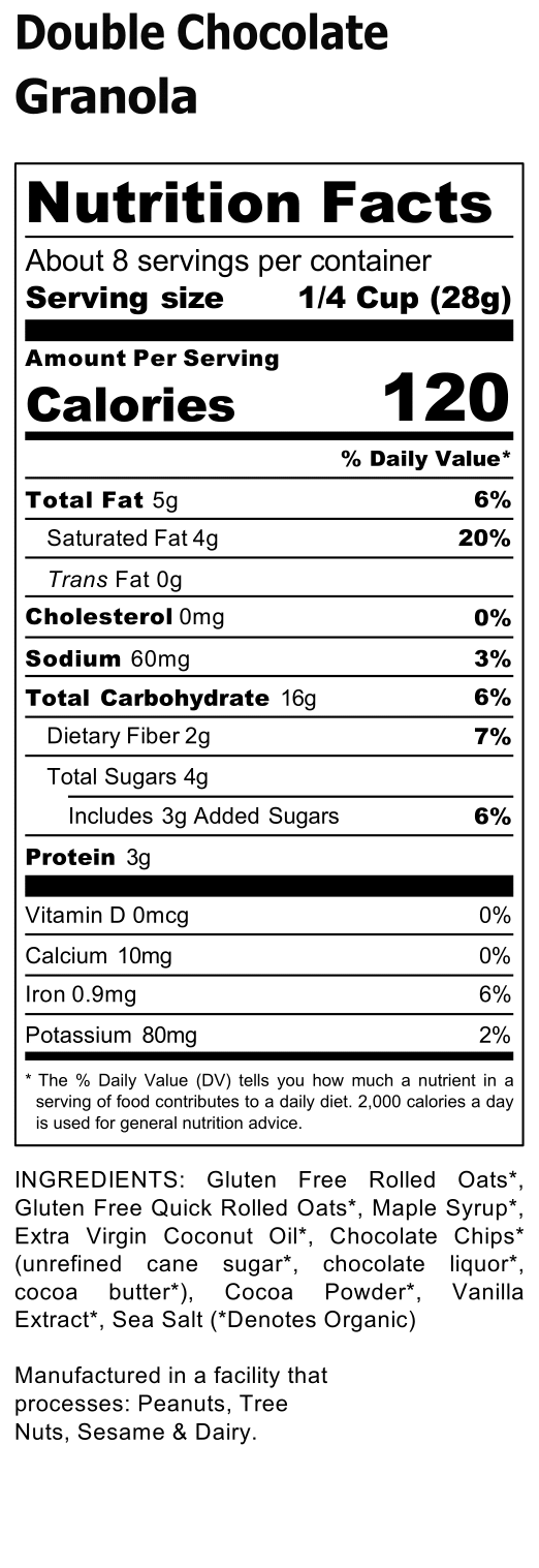 Nutrition facts label for Double Chocolate Granola with serving size, calories, and ingredient list.