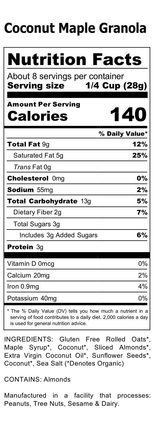 Nutrition facts label for Coconut Maple Granola with serving size and calories information.