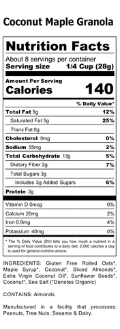 Nutrition facts label for Coconut Maple Granola with serving size and calories information.
