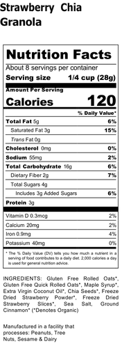 Nutrition facts label for Strawberry Chia Granola with serving size, calories, and ingredient list.