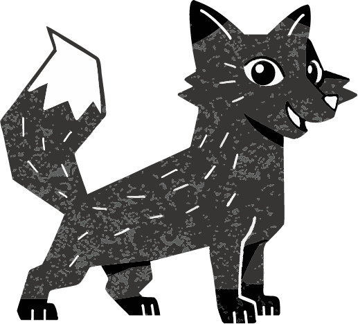 Illustration of a smiling black fox with a white-tipped tail in a simple, playful style for kids.