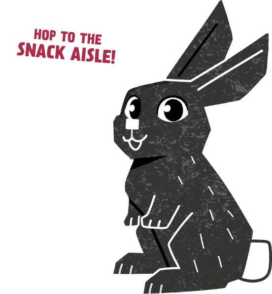 Illustration of a black bunny saying hop to the snack aisle promoting maple-powered natural kids snacks.