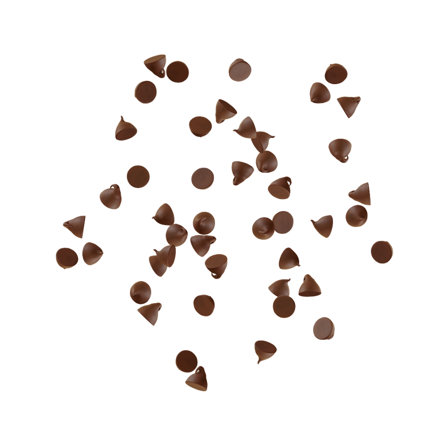 Scattered chocolate chips representing natural vegan kids snacks to fuel outdoor fun and a love for nature.