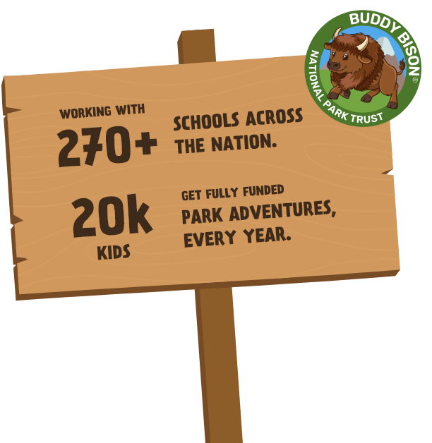 A wooden sign displays: Working with 270+ schools across the nation. 20k kids enjoy fully funded, organic park adventures every year. In the corner is a Buddy Bison National Park Trust logo with a cartoon bison.