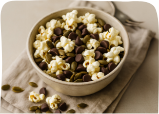 Bowl of popcorn mixed with chocolate chips and pumpkin seeds on a beige cloth for outdoor kids snacks