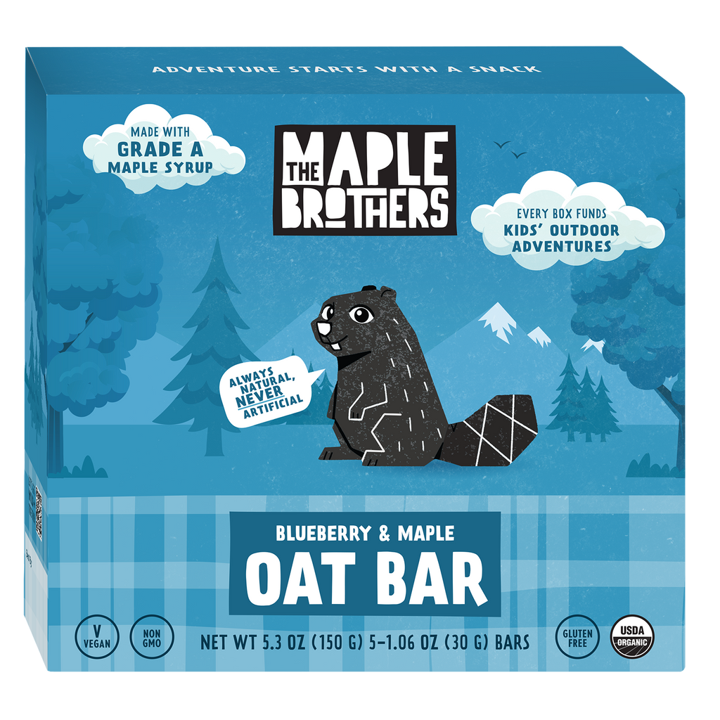 Blueberry & Maple Oat Bars - Case with maple-sweetened, natural, organic vegan oat bars for outdoor fun and kids snacks.