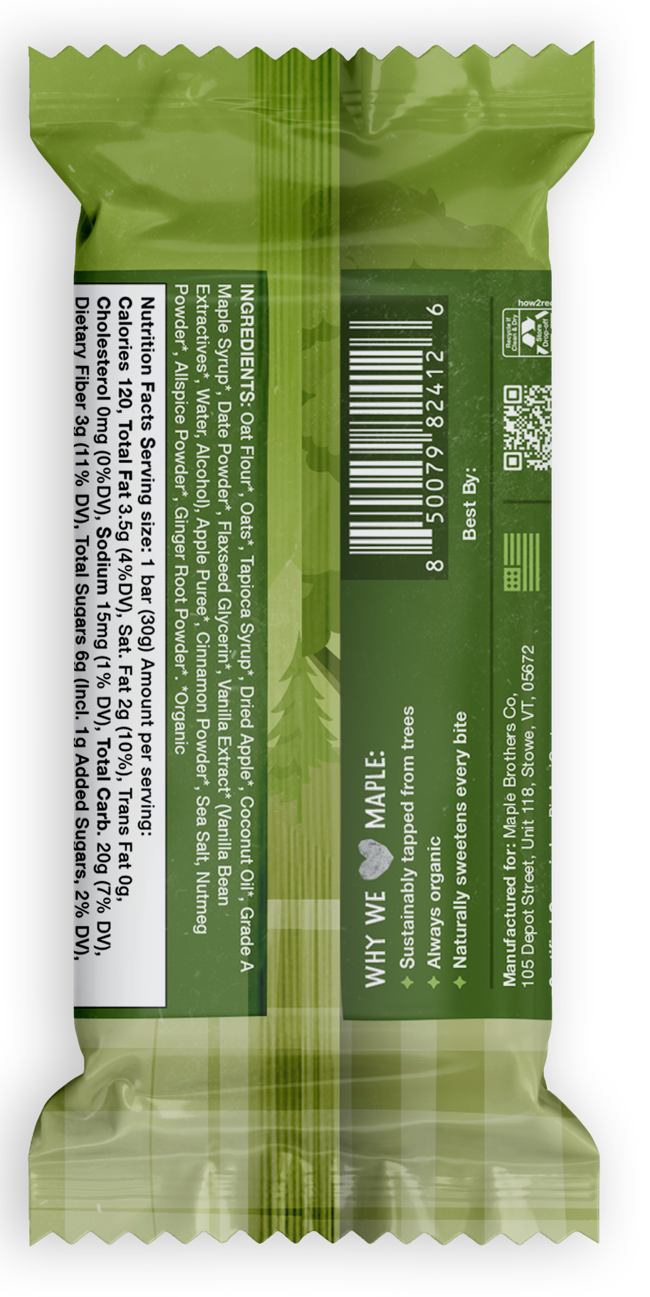 Back of Apple, Cinnamon & Maple Oat Bars - Case packaging showing natural, organic, vegan maple-powered snacks ingredients.