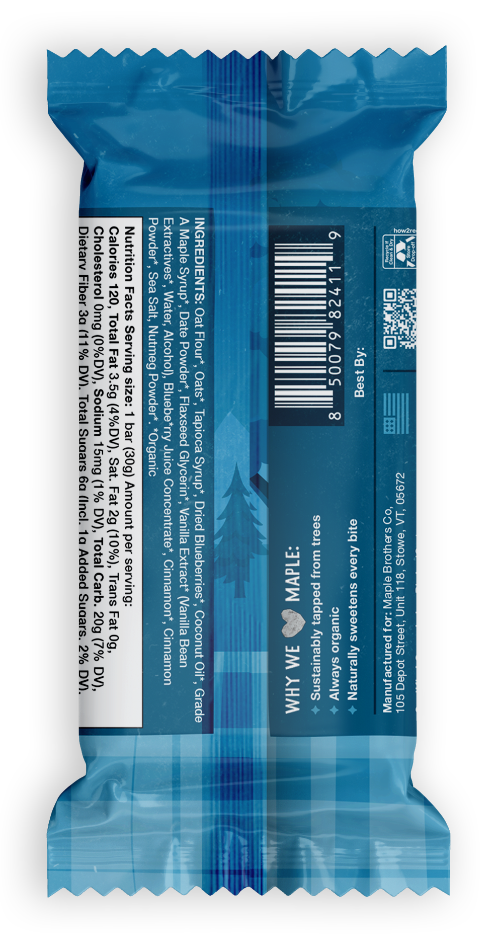 Back of Blueberry & Maple Oat Bars - Case packaging highlighting natural, organic, maple-sweetened vegan kids snacks.