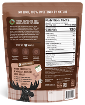 Back view of a brown package with nutritional information and branding on a white background