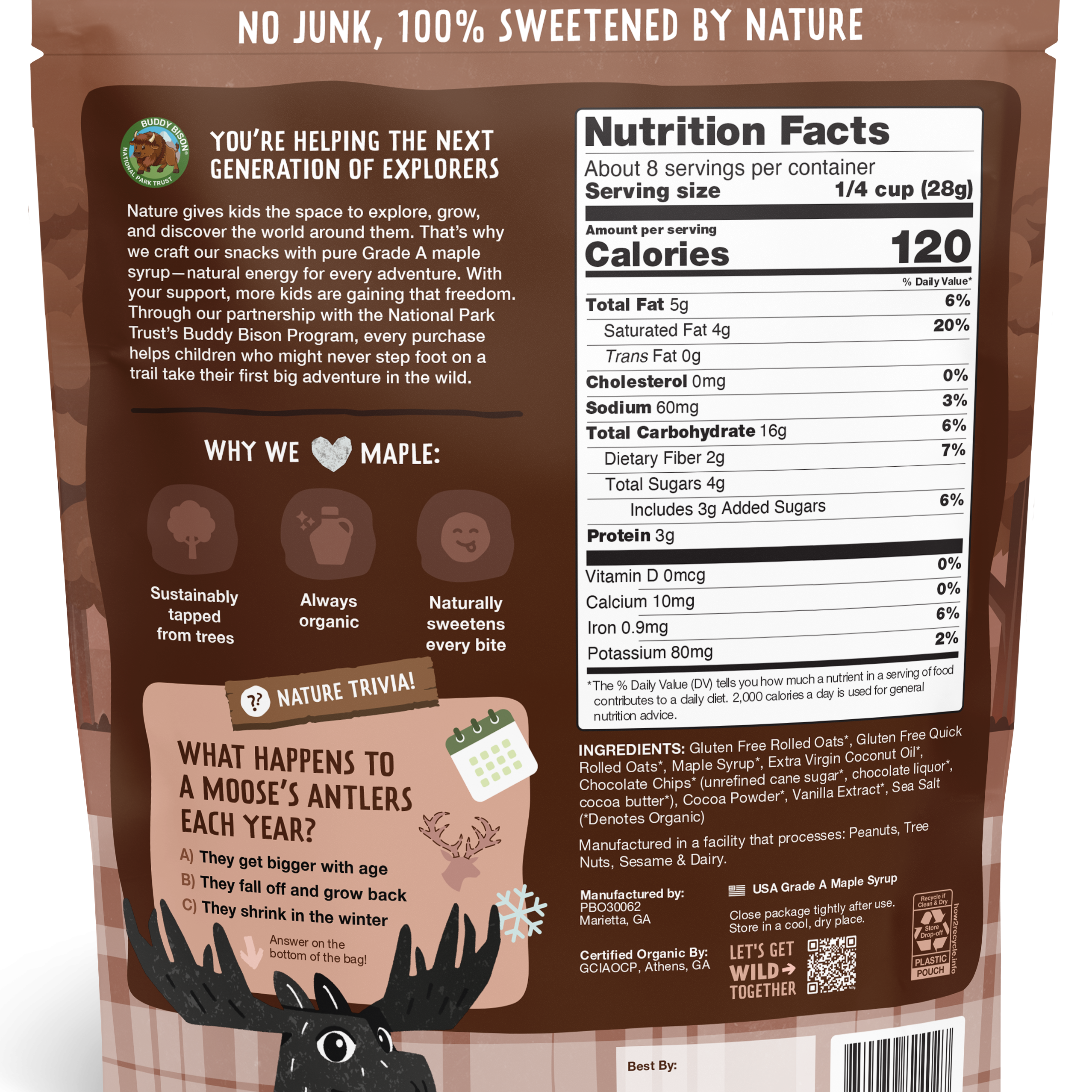 Back view of a brown package with nutritional information and branding on a white background