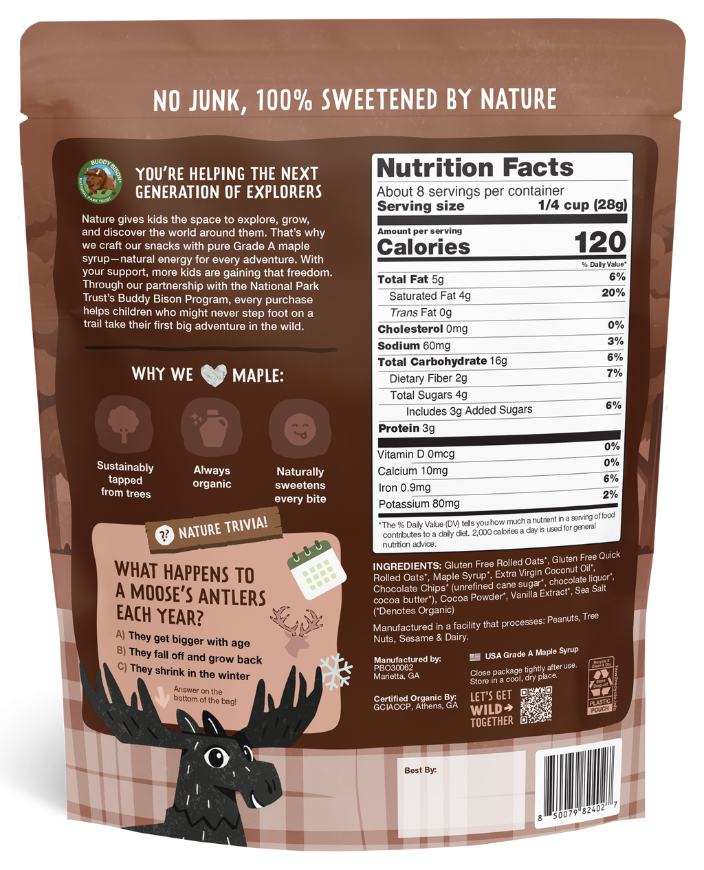 Back view of a brown package with nutritional information and branding on a white background