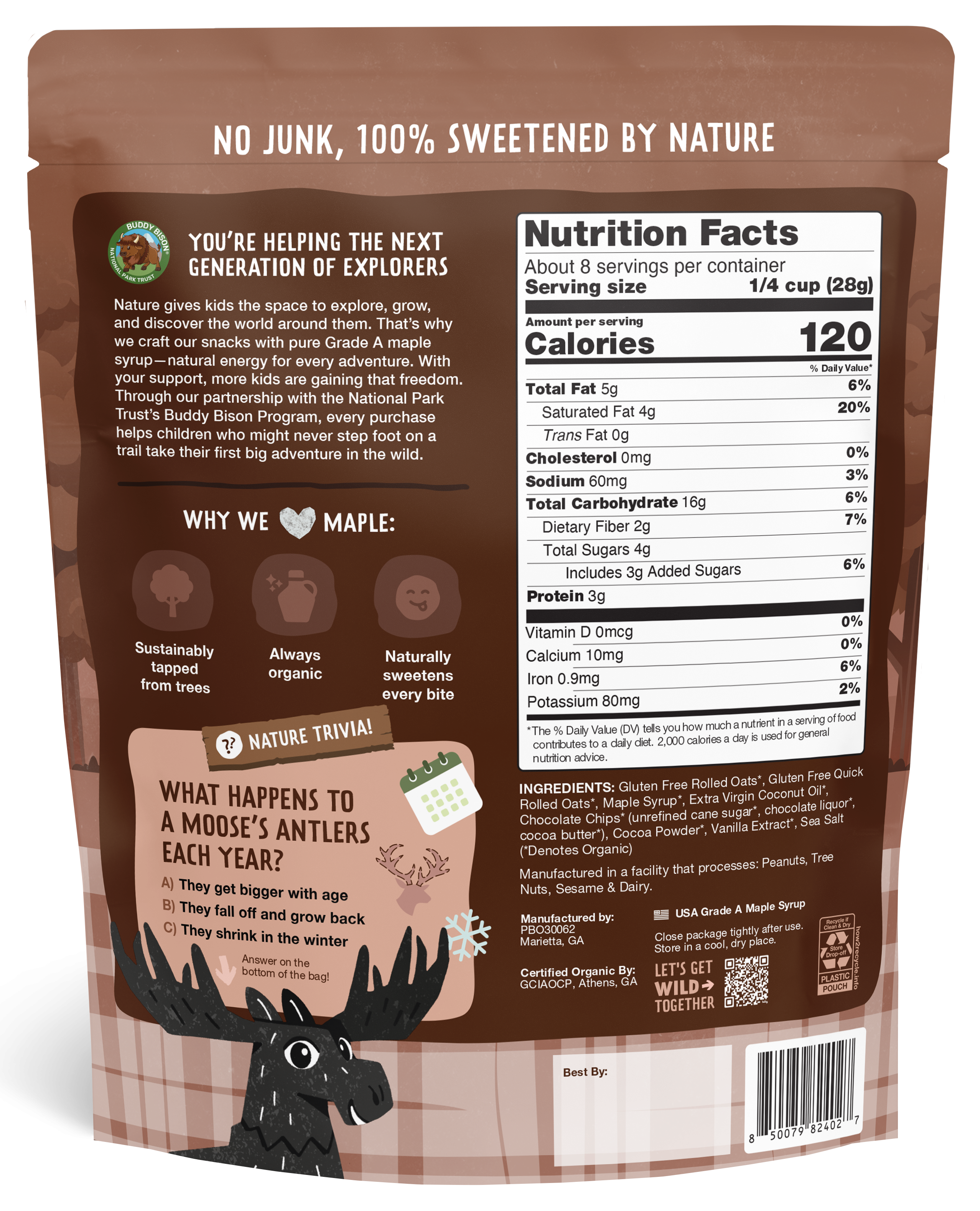 Back view of a brown package with nutritional information and branding on a white background