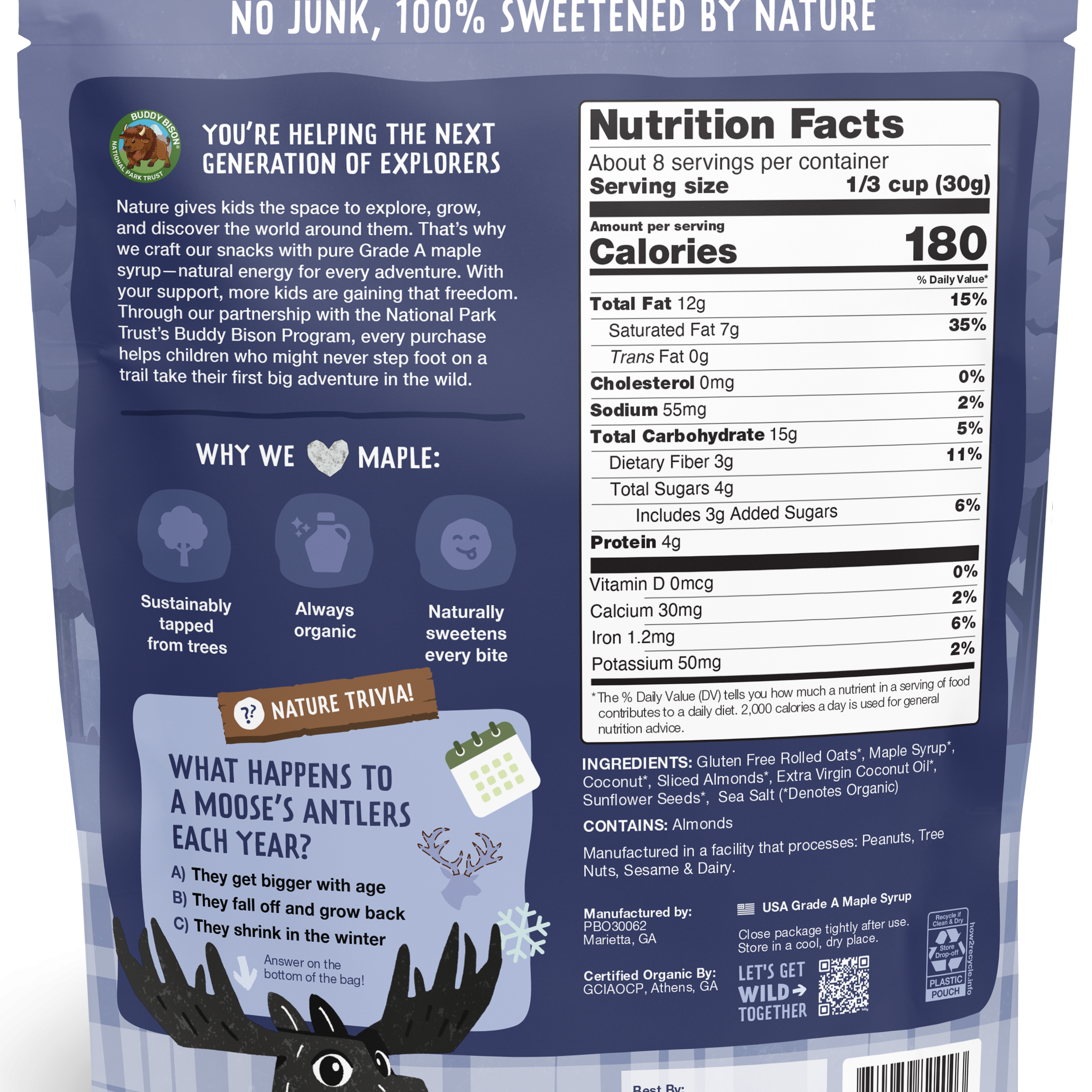 Back of a blue package with nutritional information and branding on a white background