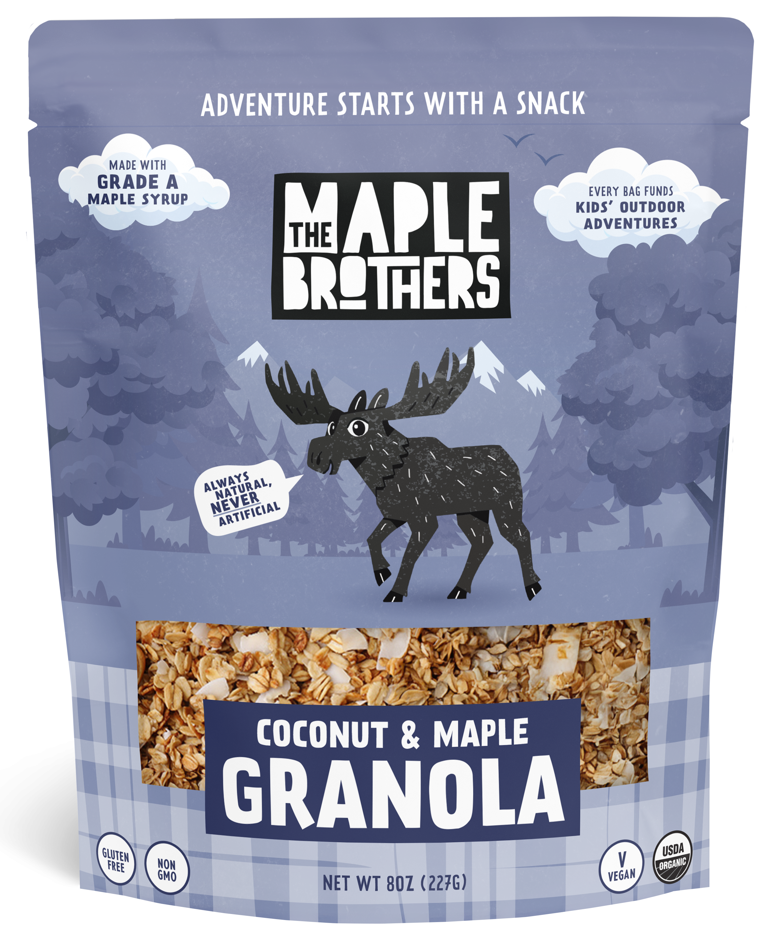 The Canopy Kitchen Box featuring maple-sweetened vegan kids snacks like natural coconut and maple granola for outdoor fun