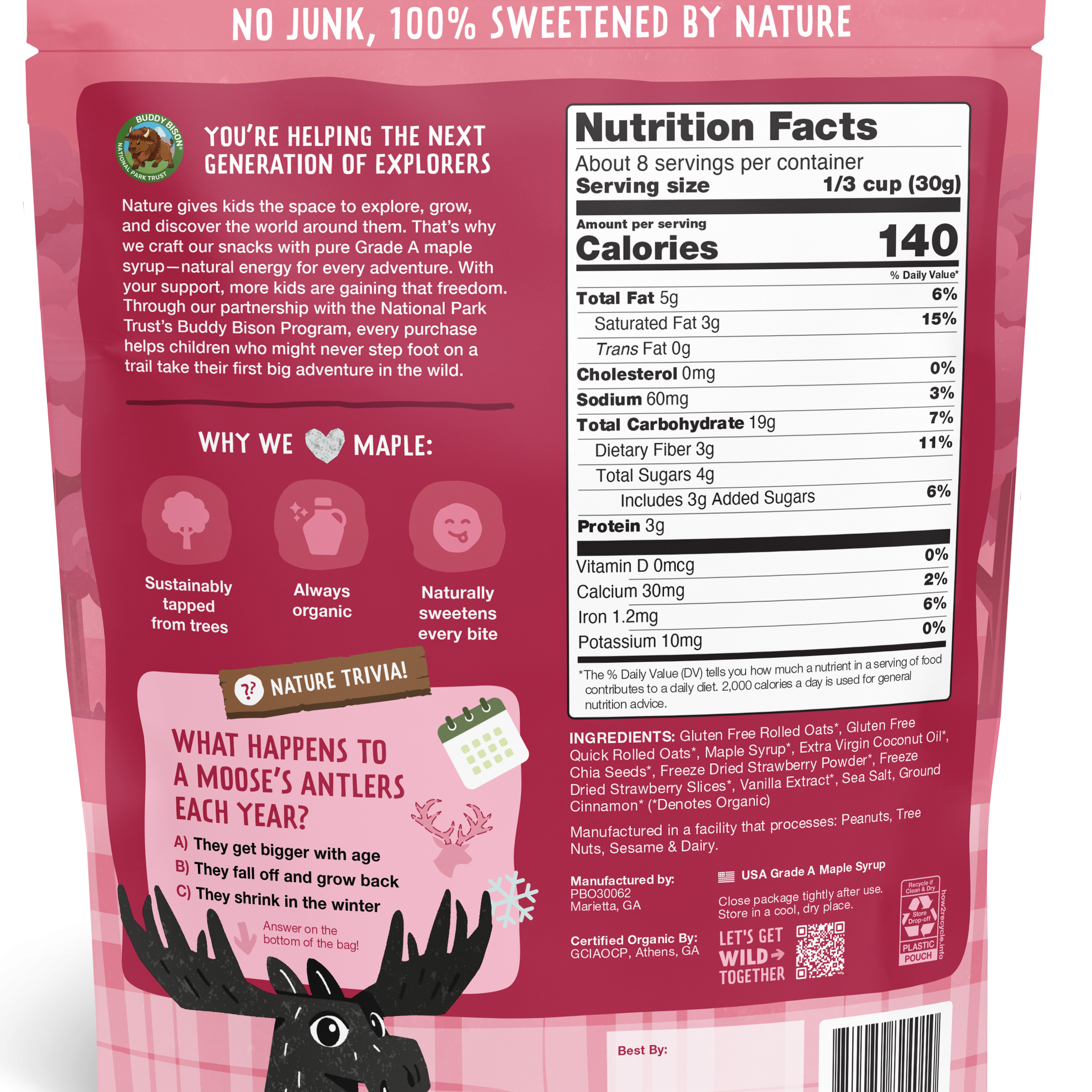 Pink snack package with nutrition facts and branding on a white background