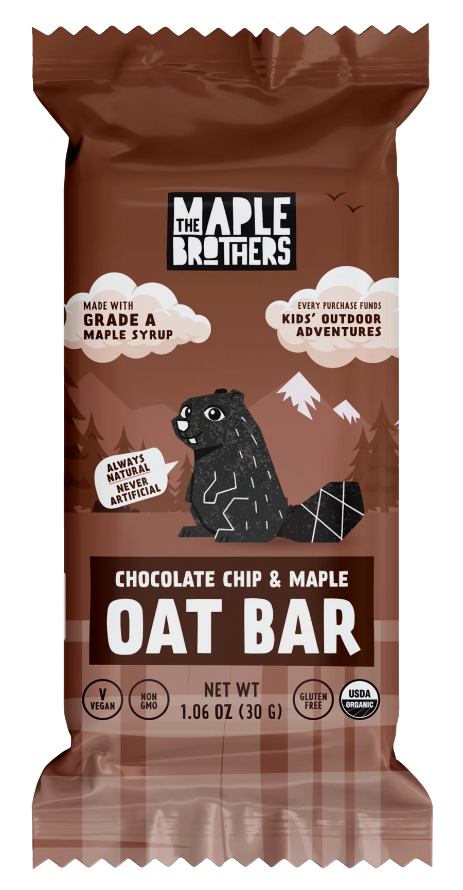 Maple & Brothers chocolate chip and maple oat bar packaging on a white background