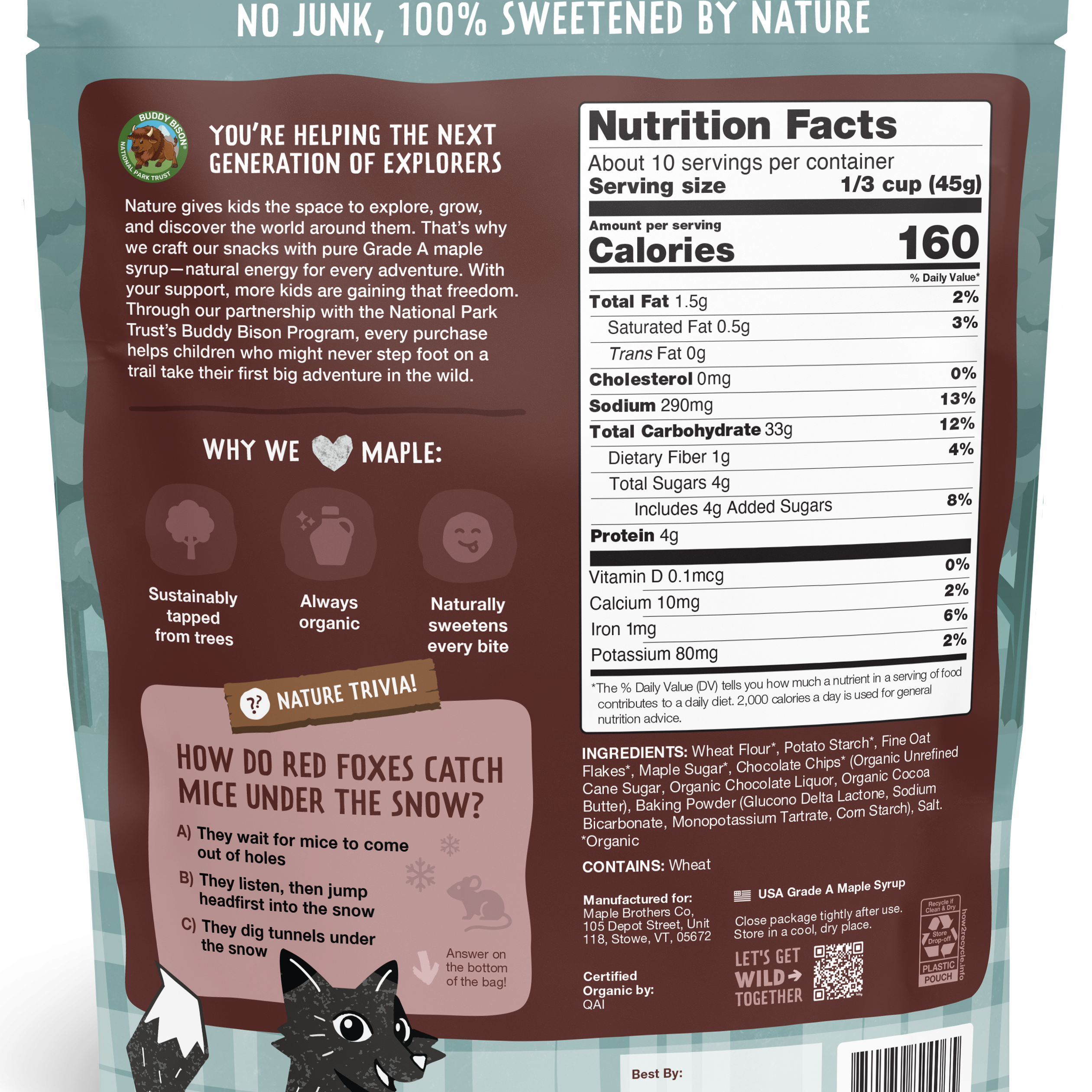 Back packaging of Chocolate Chip & Maple Pancake Mix showing nutrition facts and maple-sweetened, natural, organic, vegan kids snacks information.
