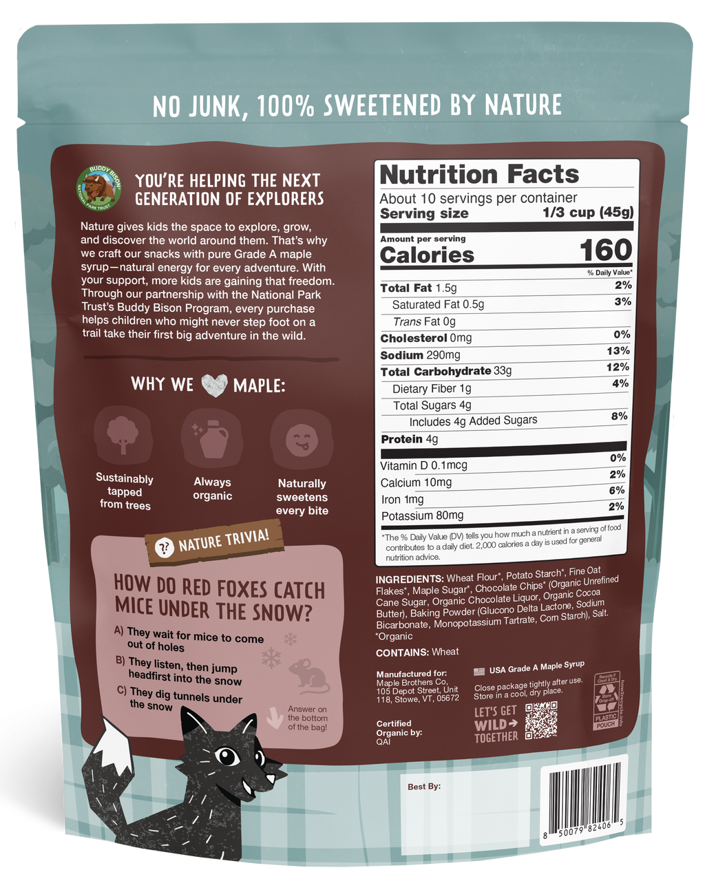 Back packaging of Chocolate Chip & Maple Pancake Mix showing nutrition facts and maple-sweetened, natural, organic, vegan kids snacks information.