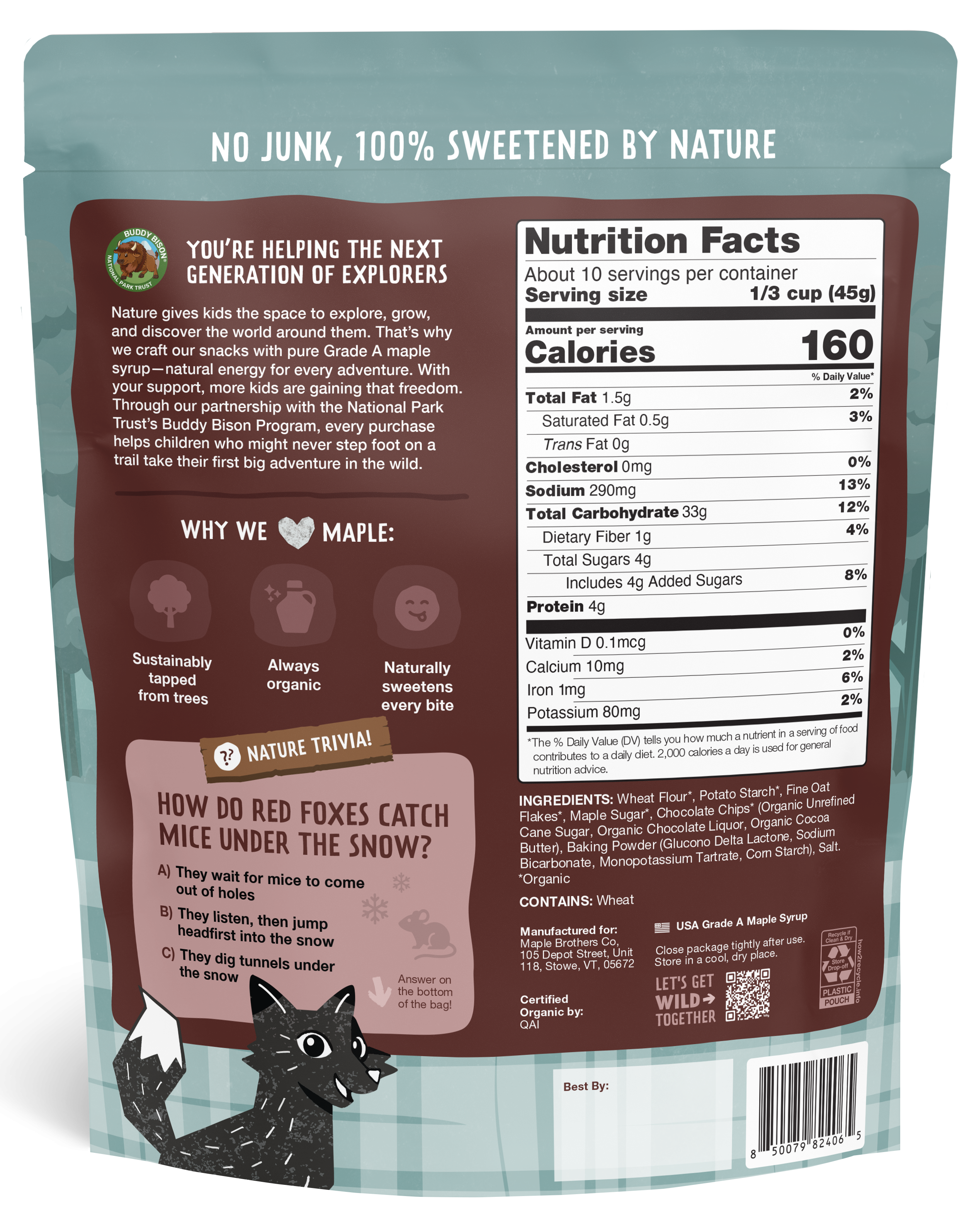 Back packaging of Chocolate Chip & Maple Pancake Mix showing nutrition facts and maple-sweetened, natural, organic, vegan kids snacks information.