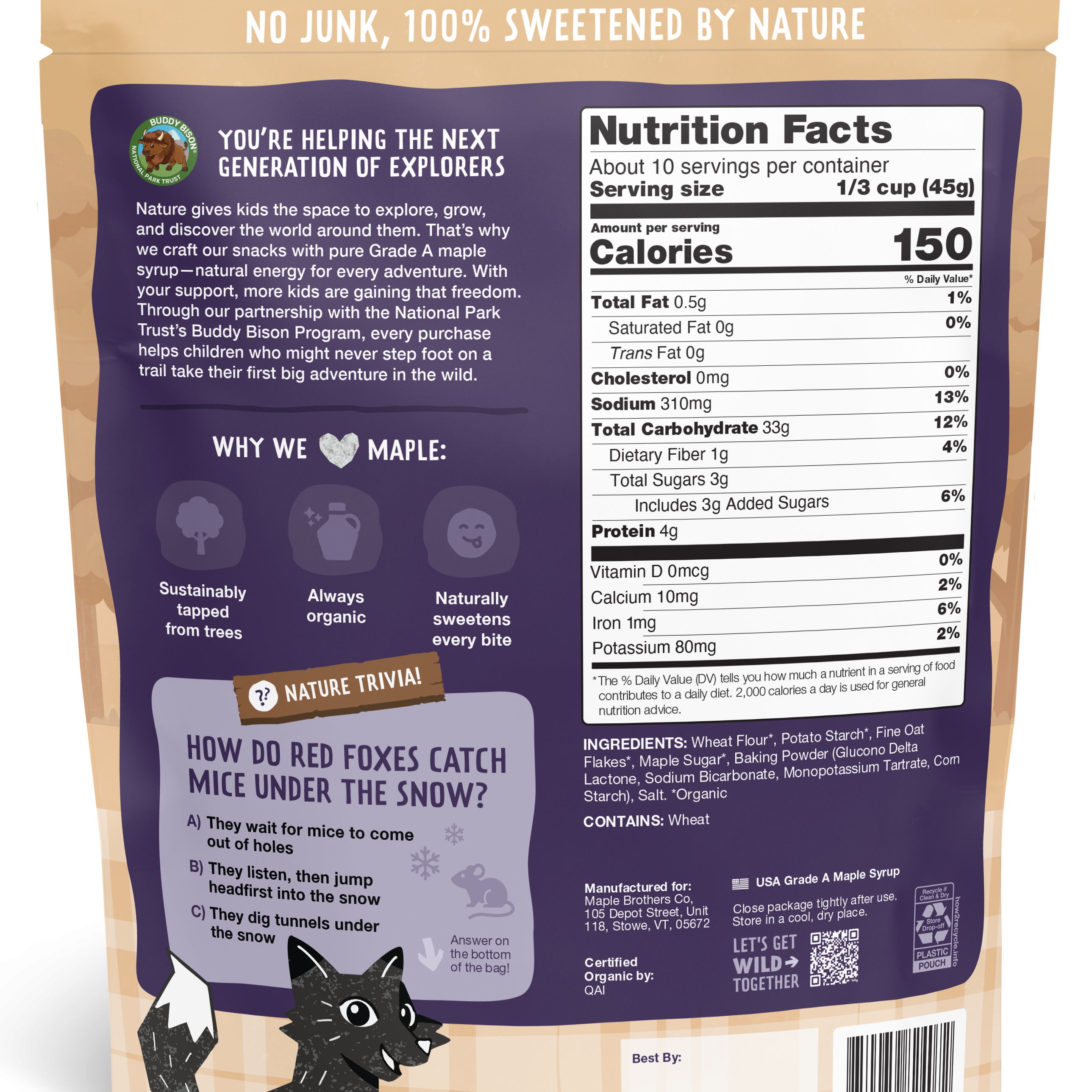 Back of Oat & Maple Pancake Mix package showing nutrition facts and maple-powered snacks to spark kids' love for nature