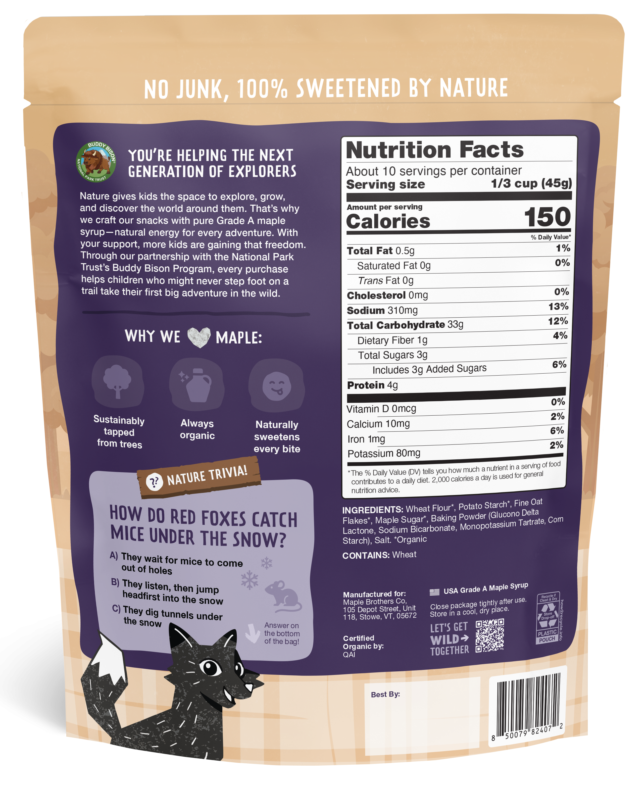Back of Oat & Maple Pancake Mix package showing nutrition facts and maple-powered snacks to spark kids' love for nature