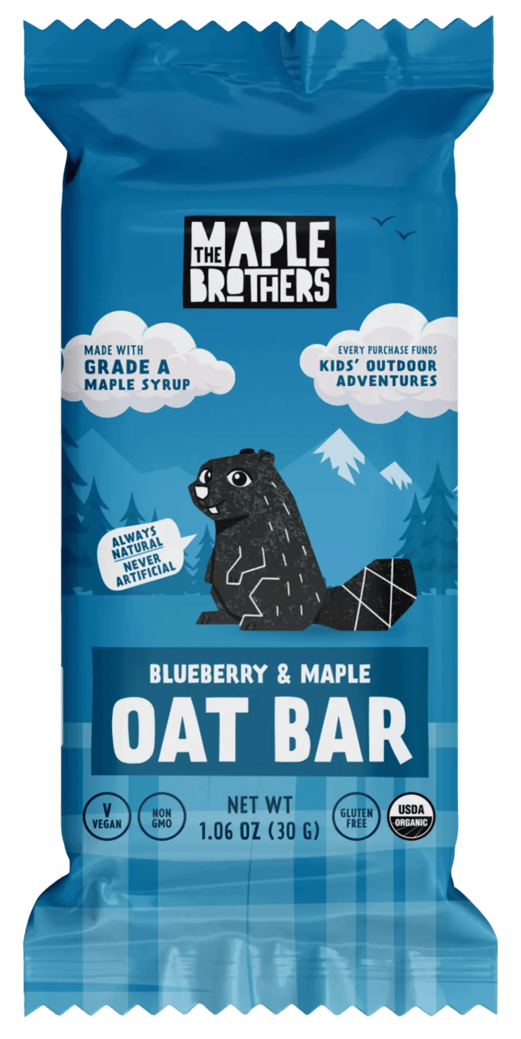 Blue oat bar package with 'Maple & Brothers' branding on a white background