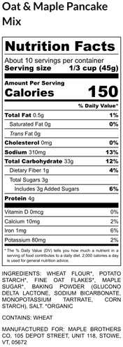 Nutrition facts label for Oat & Maple Pancake Mix