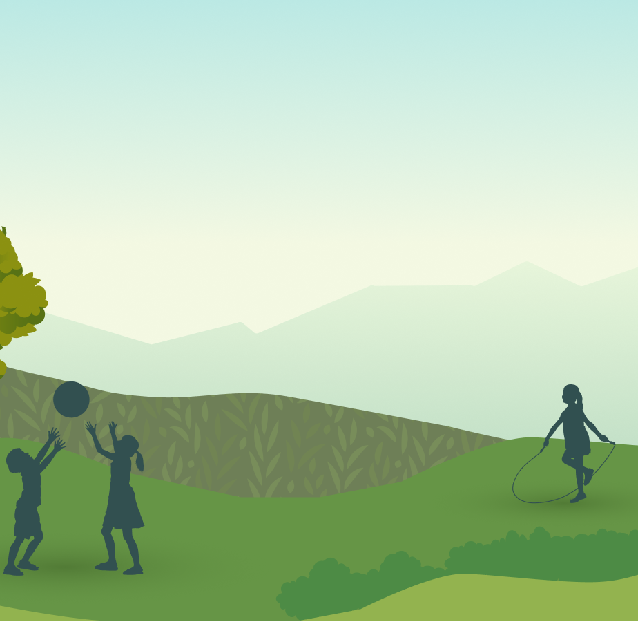 Children playing outdoors in a green field with one skipping rope and two tossing a ball against a natural landscape