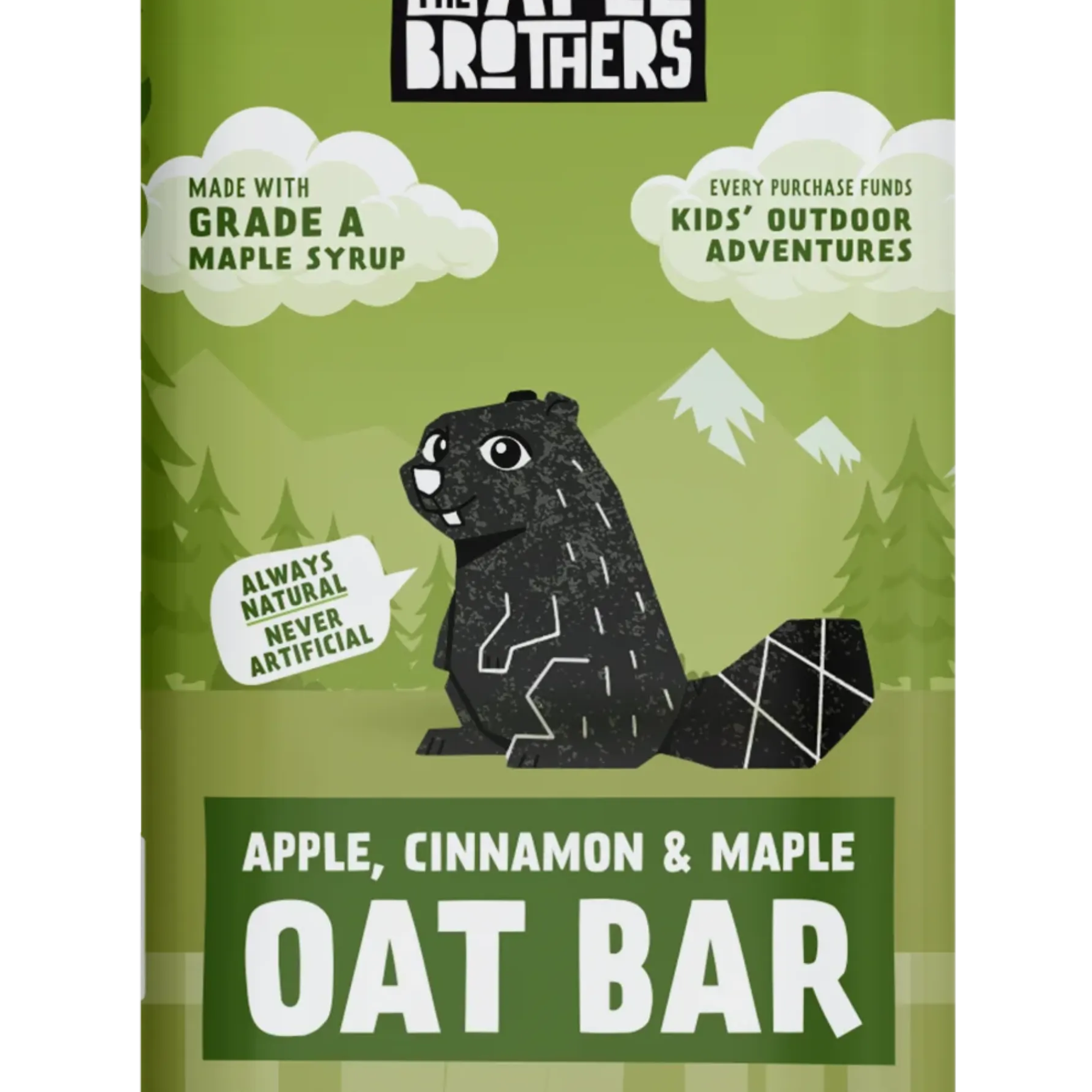 Green package of Maple Brothers Apple, Cinnamon & Maple Oat Bar on a white background