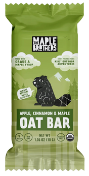 Green package of Maple Brothers Apple, Cinnamon & Maple Oat Bar on a white background