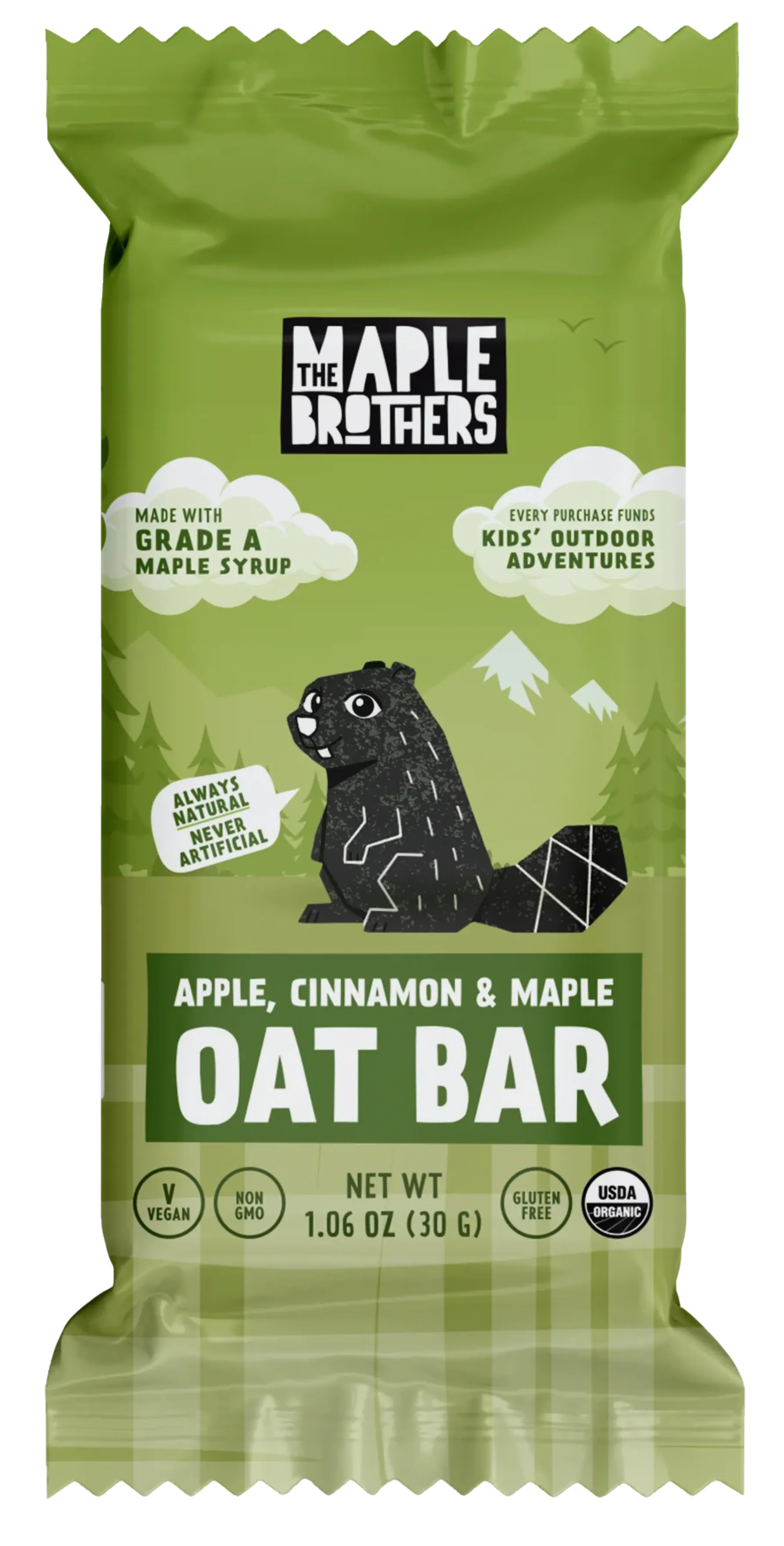 Green package of Maple Brothers Apple, Cinnamon & Maple Oat Bar on a white background
