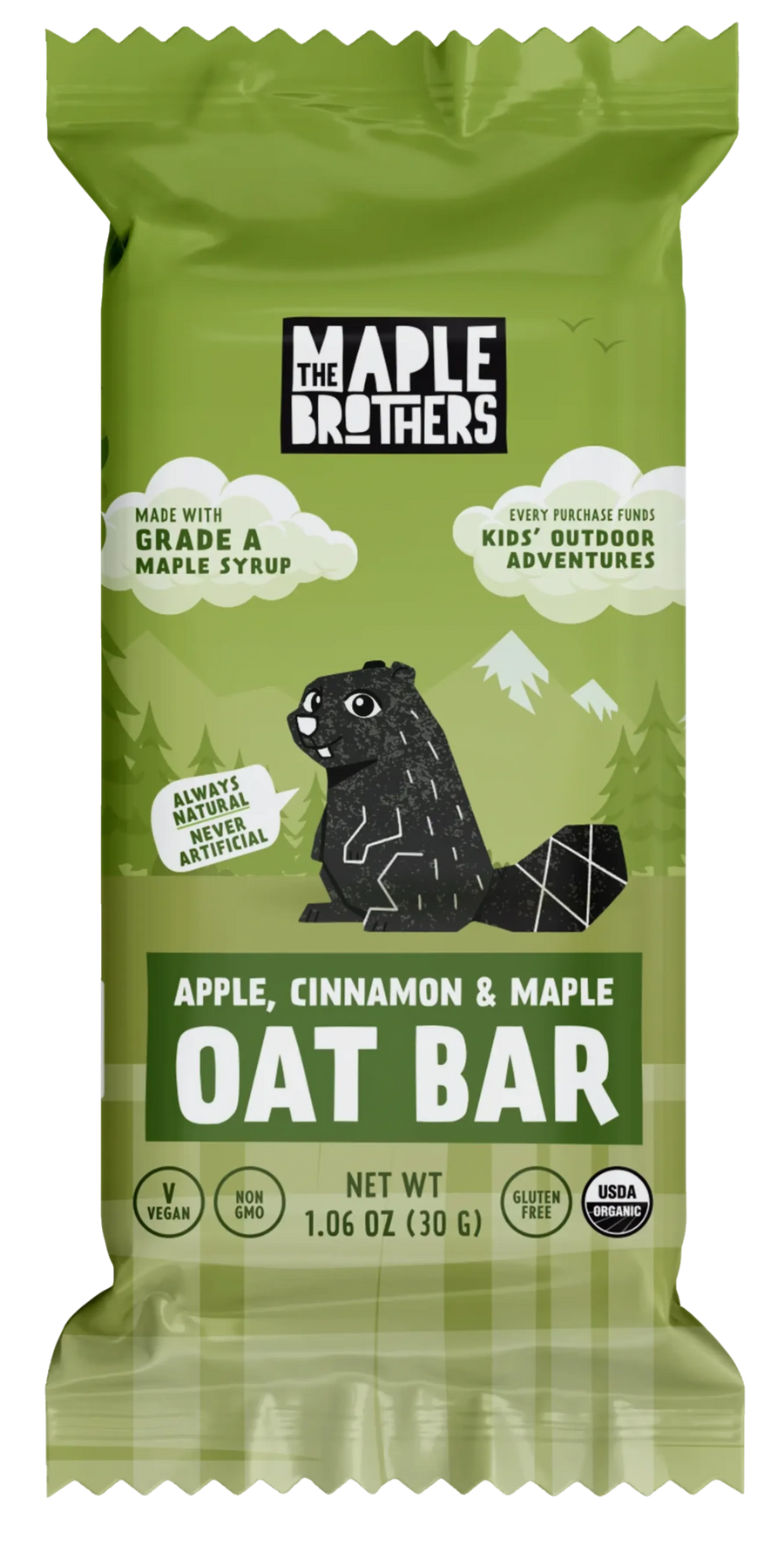 Green package of Maple Brothers Apple, Cinnamon & Maple Oat Bar on a white background