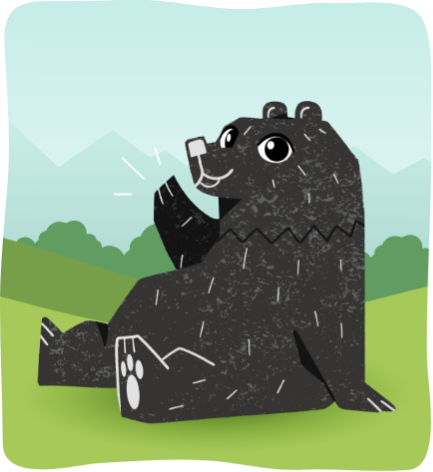Illustration of a friendly black bear sitting on grass, holding a marshmallow with mountains and trees in the background