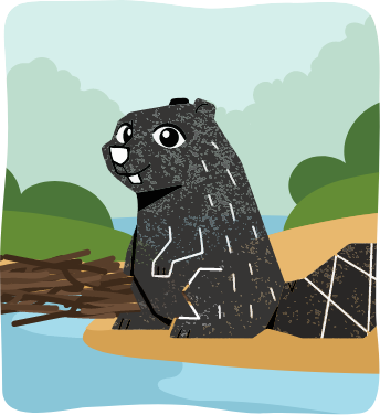 Illustration of a happy beaver sitting by a riverbank with trees and sticks in the background