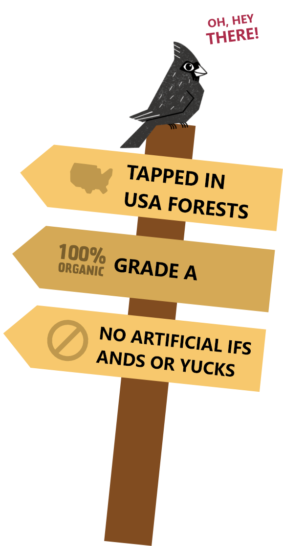 Illustration of a black bird atop wooden signs promoting organic, natural, maple-sweetened outdoor snacks for kids.