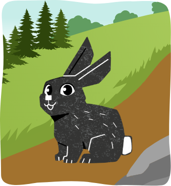 Illustration of a happy black bunny sitting on a dirt path with pine trees and green hills in the background