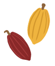 Two stylized cacao pods, one red and one yellow, on a white background.
