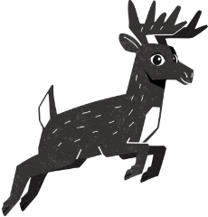 Illustration of a black deer with white spots and antlers in mid-leap, facing right with a cheerful expression