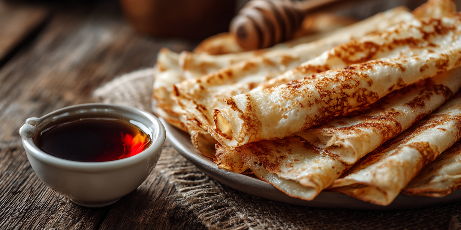 Rolled crepes on a plate with a small bowl of syrup on a wooden surface