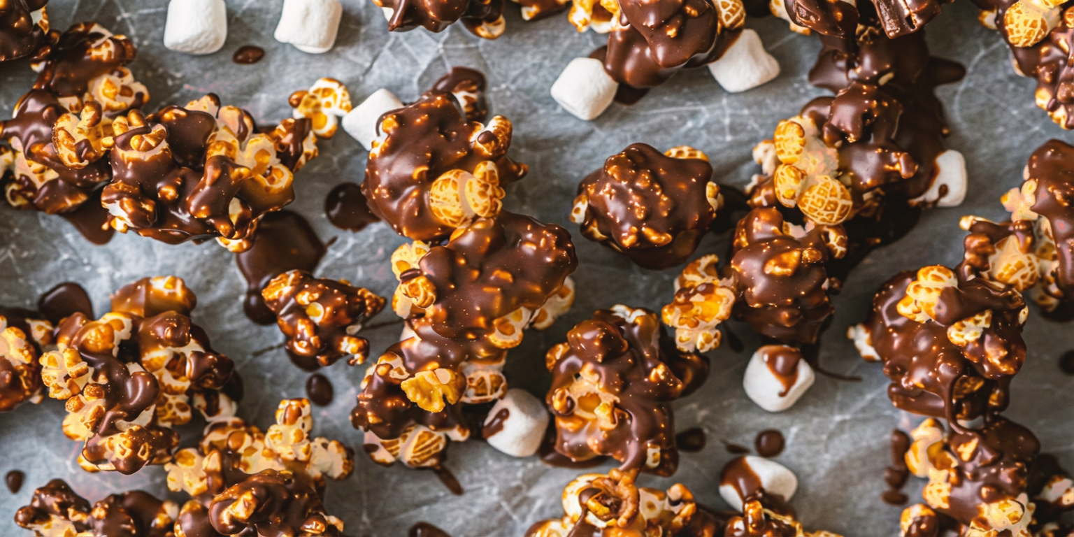 Chocolate-covered popcorn with marshmallows on a baking sheet