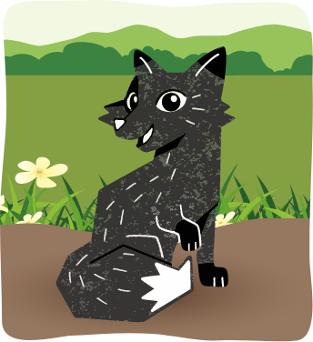 Illustration of a cheerful black fox sitting on grass with green hills and yellow flowers in the background