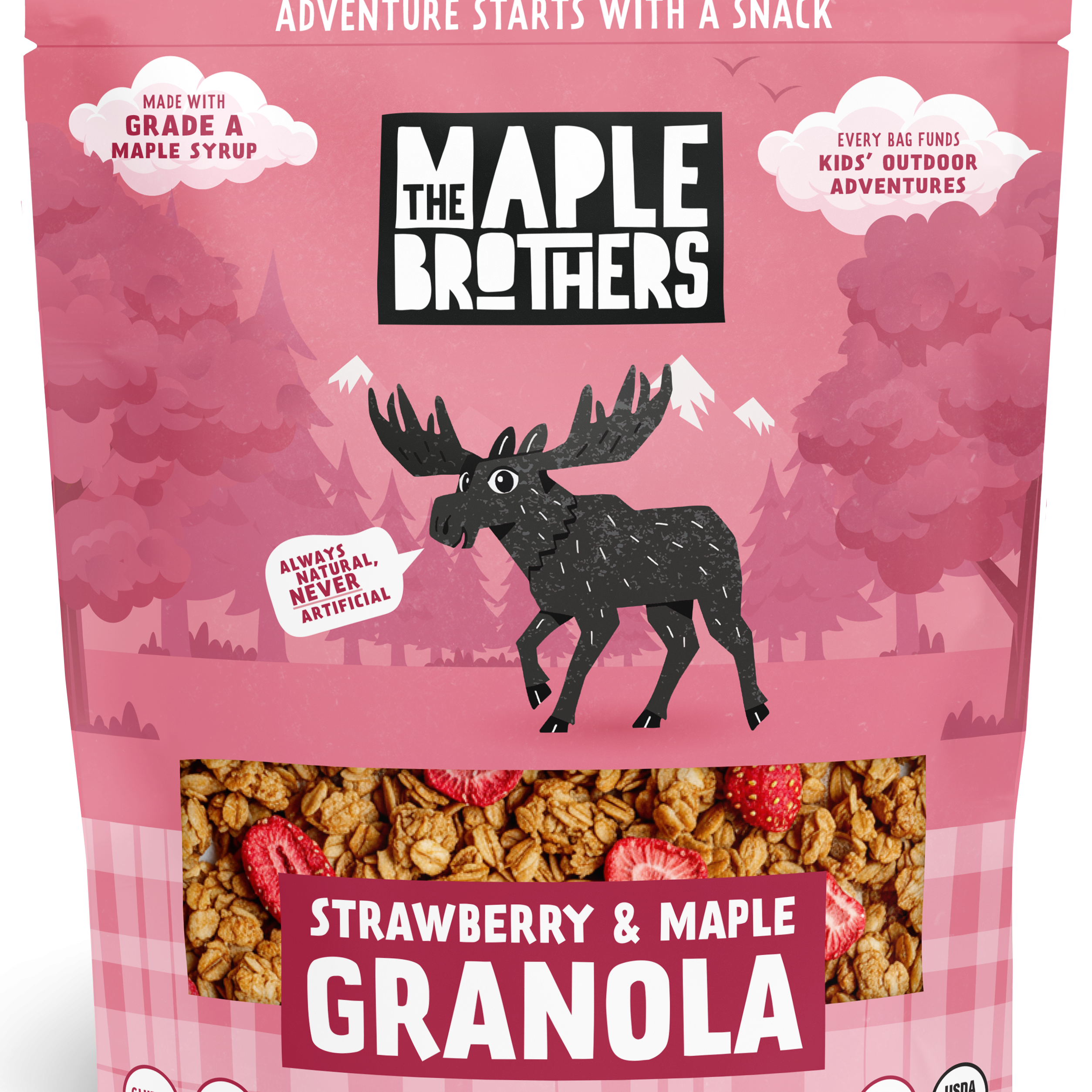 Pink package of Maple Brothers Strawberry & Maple Granola on a white background