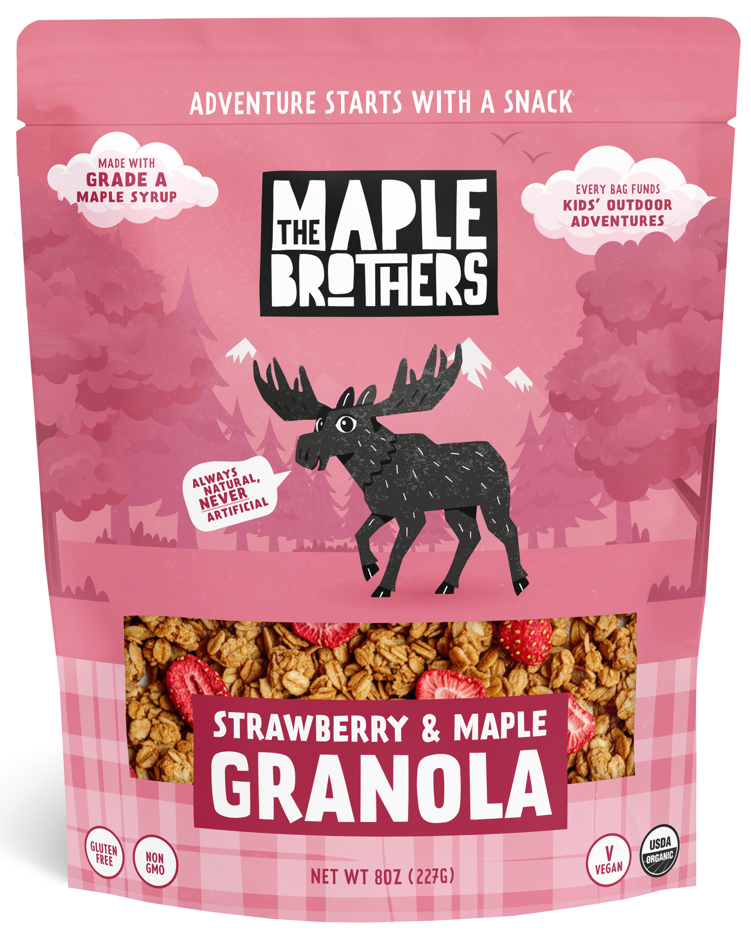 Pink package of Maple Brothers Strawberry & Maple Granola on a white background
