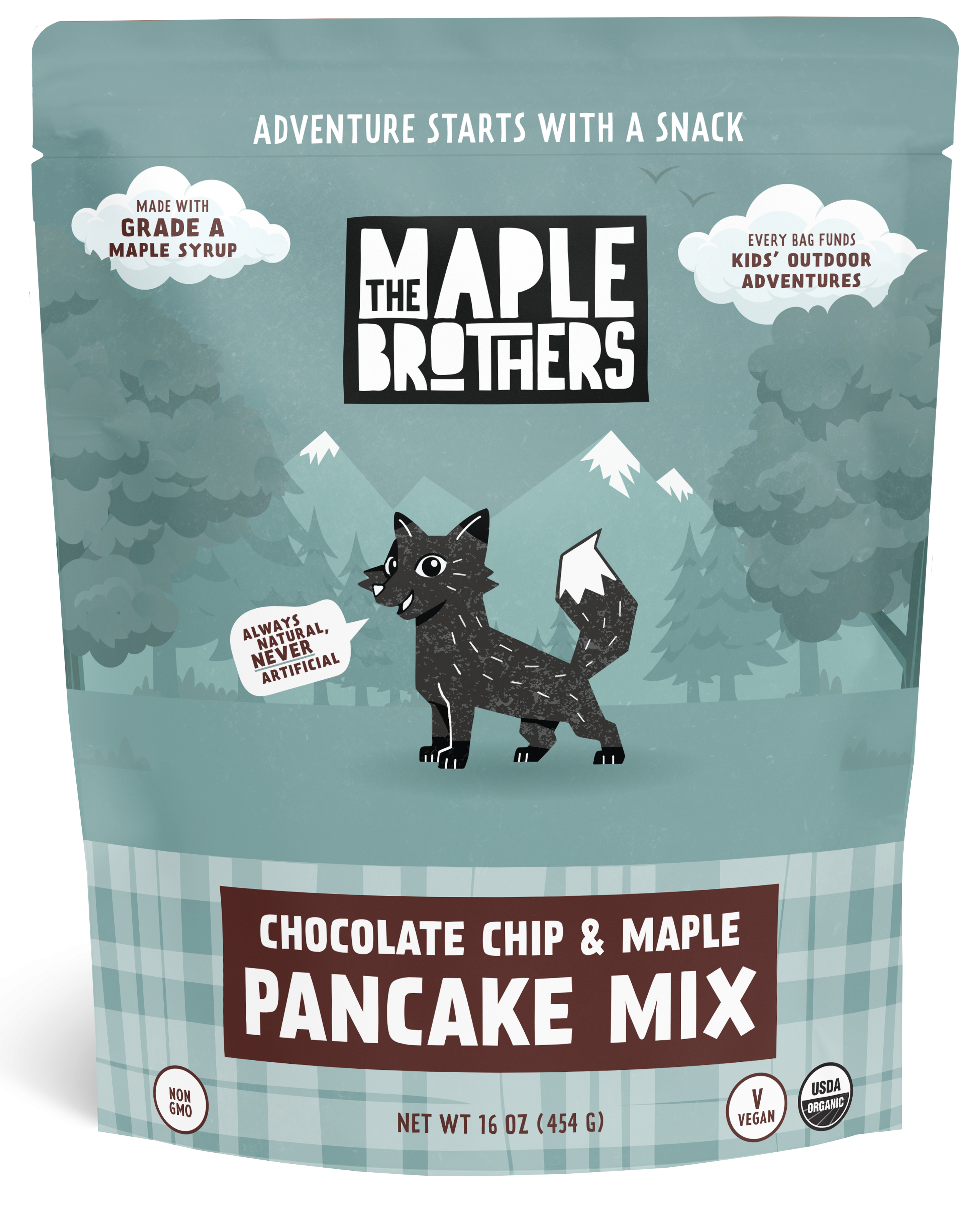 The Maple Brothers Chocolate Chip & Maple Pancake Mix with maple-sweetened vegan natural organic kids snacks for outdoor fun