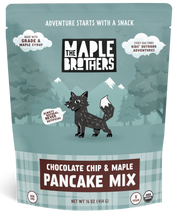 The Maple Brothers Chocolate Chip & Maple Pancake Mix with maple-sweetened vegan natural organic kids snacks for outdoor fun